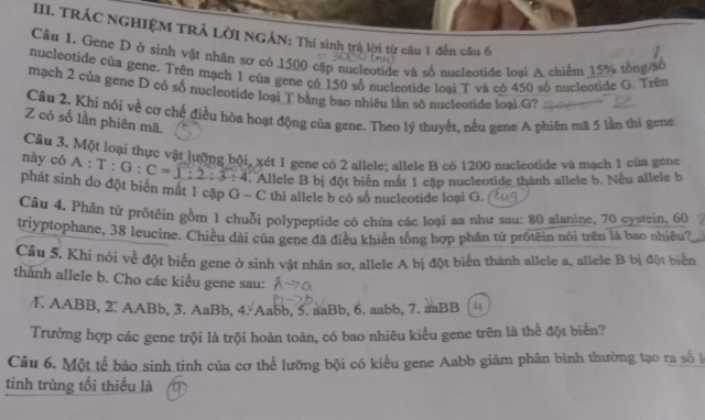 TRÁC NGHIỆM TRẢ LờI NGÁN: Thí sinh trà lời từ câu 1 đến câu 6
Cầu 1. Gene D ở sinh vật nhân sơ có 1500 cặp nucleotide và số nucleotide loại A chiếm 15% tổng số
nucleotide của gene. Trên mạch 1 của gene çó 150 số nucleotide loại T và có 450 số nucleotide G. Trên
mạch 2 của gene D có số nucleotide loại T băng bao nhiêu lằn số nucleotide loại G?
Cầu 2, Khi nói về cơ chế điều hòa hoạt động của gene. Theo lý thuyết, nếu gene A phiên mã 5 lần thì gene
Z có số lần phiên mã,
này có  Câu 3. Một loại thực vật lưỡng bội, xét 1 gene có 2 allele: allele B có 1200 nucleotide và mạch 1 của gene
A:T:G:C=1:2:3:4. Allele B bị đột biển mất 1 cặp nucleotide thành allele b. Nếu allele b
phát sinh do đột biển mất 1 cập G - C thì allele b có số nucleotide loại G.
Câu 4. Phân tử prôtệin gồm 1 chuỗi polypeptide có chứa các loại aa như sau: 80 alanine, 70 cystein, 60
triyptophane, 38 leucine. Chiều đài của gene đã điều khiển tổng hợp phân từ prốtêin nói trên là bao nhiêu?
Câu 5. Khi nói về đột biển gene ở sinh vật nhân sơ, allele A bị đột biến thành allele a, allele B bị đột biển
thành allele b. Cho các kiều gene sau:
1. AABB, 2. AABb, 3. AaBb, 4. Aabb, 5. aaBb, 6. aabb, 7. aaBB
Trường hợp các gene trội là trội hoàn toàn, có bao nhiêu kiểu gene trên là thể đột biển?
Câu 6. Một tế bào sinh tinh của cơ thể lưỡng bội có kiểu gene Aabb giàm phân bình thường tạo ra số là
tinh trùng tối thiểu là