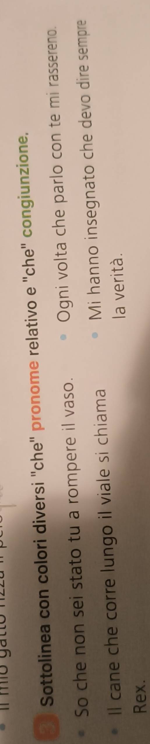 'Sottolinea con colori diversi ''che'' pronome relativo e ''che' congiunzione. 
So che non sei stato tu a rompere il vaso. Ogni volta che parlo con te mi rassereno. 
Il cane che corre lungo il viale si chiama Mi hanno insegnato che devo dire sempre 
la verità. 
Rex.