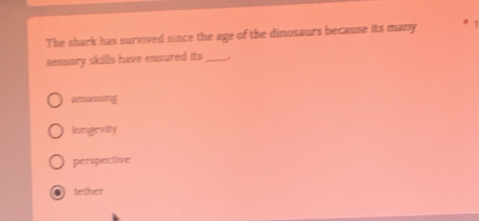 The shark has survived since the age of the dinosaurs because its many 1
sensory skills have ensured its _
amassing
langevity
perspective
tether