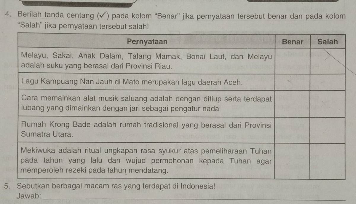 Berilah tanda centang (✔) pada kolom “Benar” jika pernyataan tersebut benar dan pada kolom 
“Salah” jika per 
5bagai macam ras yang terdapat di Indonesia! 
Jawab:_