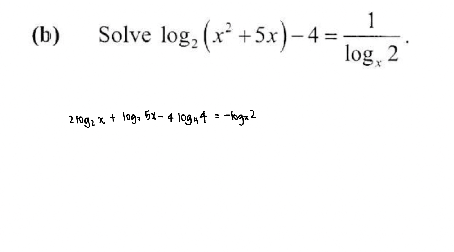 Solve log _2(x^2+5x)-4=frac 1log _x2.