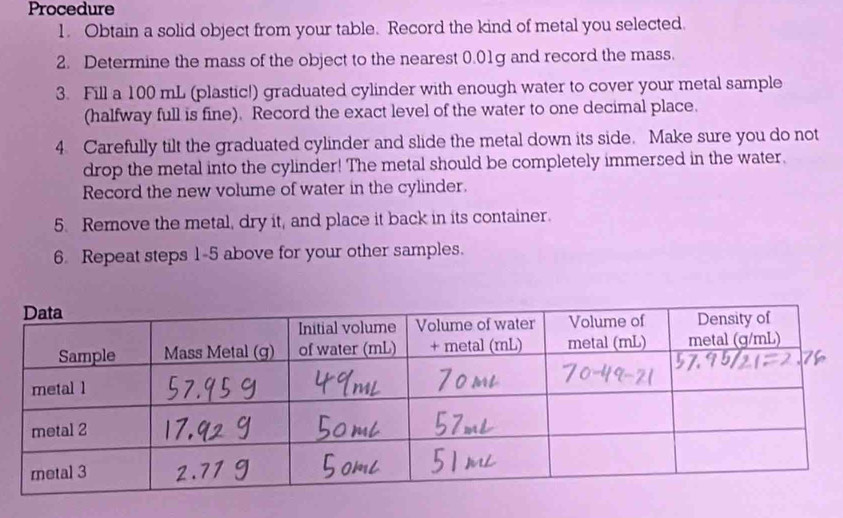 Procedure 
1. Obtain a solid object from your table. Record the kind of metal you selected. 
2. Determine the mass of the object to the nearest 0.01g and record the mass. 
3. Fill a 100 mL (plastic!) graduated cylinder with enough water to cover your metal sample 
(halfway full is fine). Record the exact level of the water to one decimal place. 
4. Carefully tilt the graduated cylinder and slide the metal down its side. Make sure you do not 
drop the metal into the cylinder! The metal should be completely immersed in the water. 
Record the new volume of water in the cylinder. 
5. Remove the metal, dry it, and place it back in its container. 
6. Repeat steps 1-5 above for your other samples.