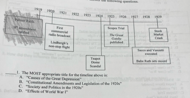 er the following questions.
_1. The MOST appropriate title for the timeline above is:
A. “Causes of the Great Depression”
B. “Constitutional Amendments and Legislation of the 1920s”
C. “Society and Politics in the 1920s”
D. “Effects of World War I”