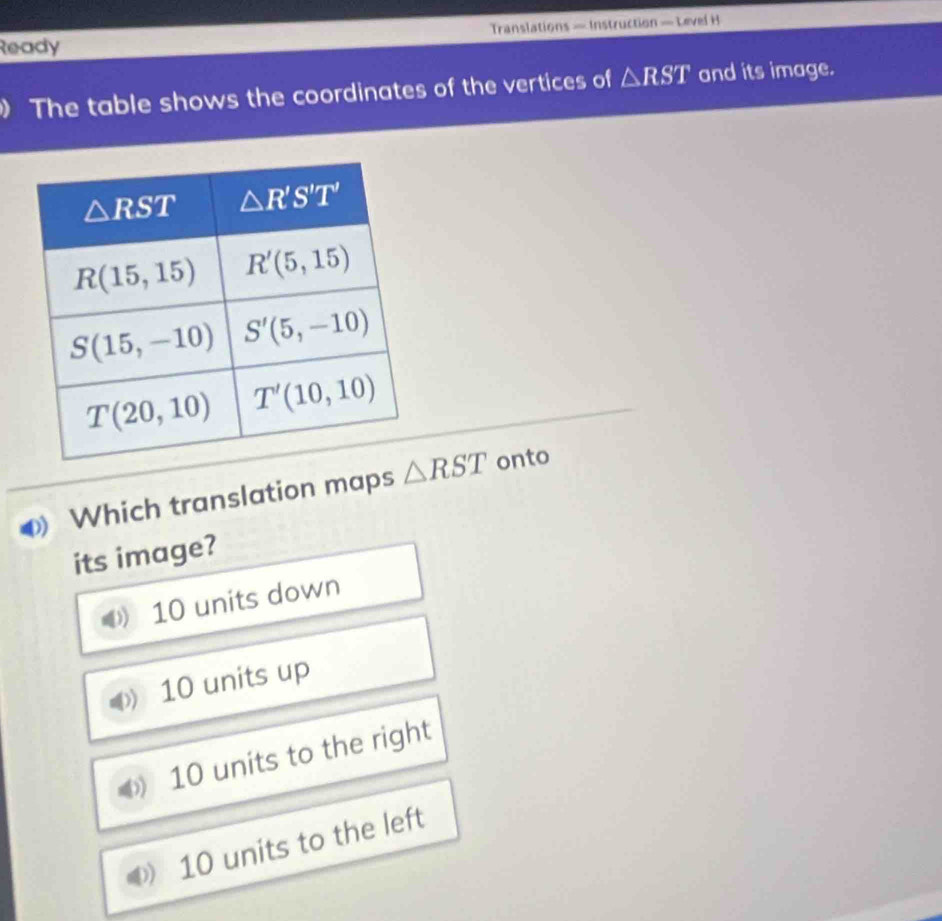 Ready Translations — Instruction — Level H
The table shows the coordinates of the vertices of △ RST and its image.
Which translation maps △ RST onto
its image?
10 units down
10 units up
10 units to the right
10 units to the left