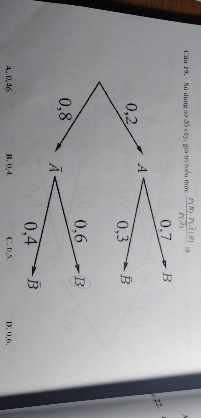 Sử dụng sơ đồ cây, giá trị biểu thức frac P(B)· P(overline A|B)P(overline A) là
a
22.
0,2
0,8
A. 0,46. B. 0,4. C. 0,5. D. 0,6.