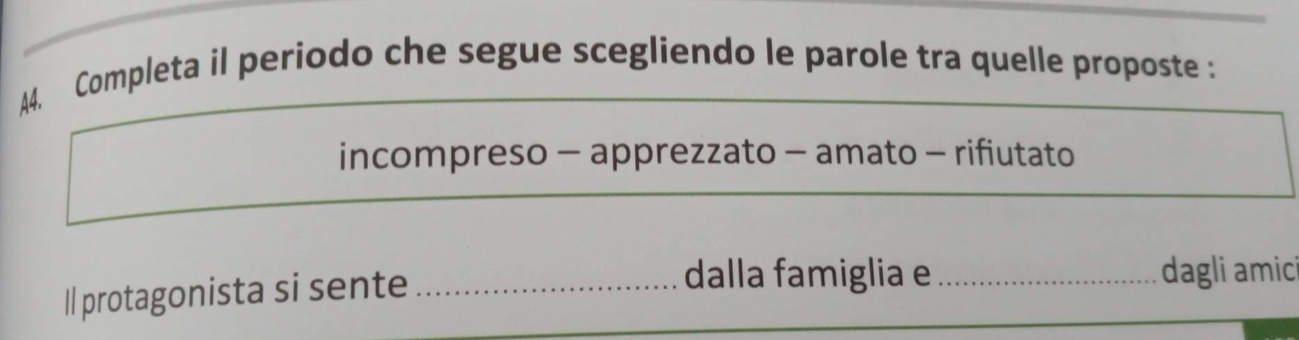 Completa il periodo che segue scegliendo le parole tra quelle proposte : 
incompreso - apprezzato - amato - rifiutato 
Il protagonista si sente_ 
dalla famiglia e_ dagli amici