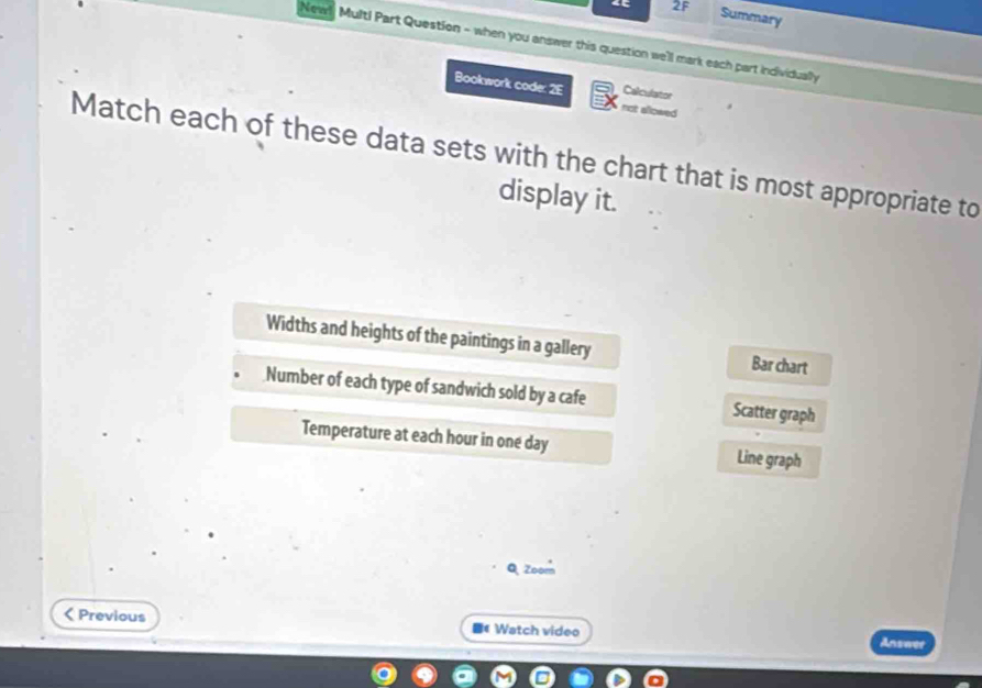 2F Summary
Newl! Mult! Part Question - when you answer this question we'll mark each part individually
Calculator
Bookwork code: 2E not allowed
Match each of these data sets with the chart that is most appropriate to
display it.
Widths and heights of the paintings in a gallery Bar chart
Number of each type of sandwich sold by a cafe Scatter graph
Temperature at each hour in one day Line graph
Q Zoom
< Previous * Watch video Answer