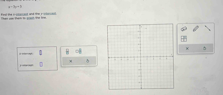 x-3y=3
Find the x-intercept and the y-intercept. 
Then use them to graph the line. 
× 5
X-intercept: 
 □ /□   □  □ /□  
× 5 
y-intercept: