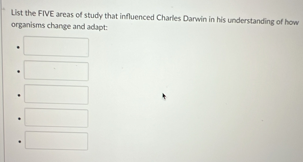 List the FIVE areas of study that influenced Charles Darwin in his understanding of how 
organisms change and adapt: