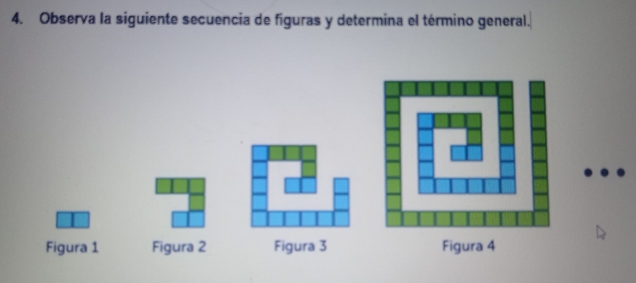 Observa la siguiente secuencia de figuras y determina el término general. 
Figura 1 Figura 2 Figura 3 Figura 4