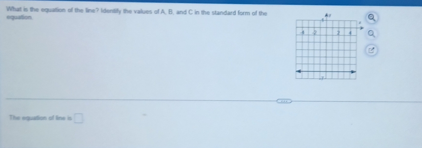 What is the equation of the line? Iidentify the values of A, B, and C in the standard form of the 
equation 
The equation of line is □