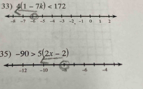 4(1-7k)<172</tex> 
35) -90>5(2x-2)