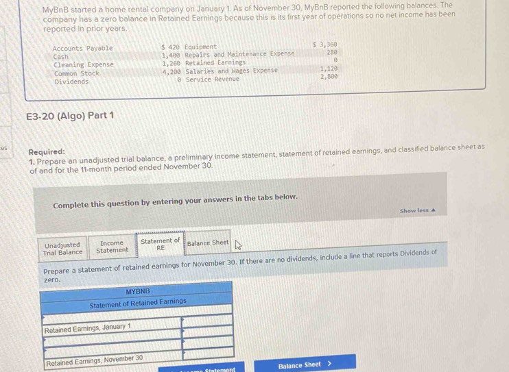 MyBnB started a home rental company on January 1. As of November 30, MyBnB reported the following balances. The 
company has a zero balance in Retained Earnings because this is its first year of operations so no net income has been 
reported in prior years. 
Accounts Payable $ 420 Equipment $ 3,360 280
Cash 1,400 Repairs and Maintenance Expense 
0 
Cleaning Expense 1,260 Retained Earnings 1,120
Common Stock 4,200 Salaries and Wages Expense 
Dividends 0 Service Revenue 2,800
E3-20 (Algo) Part 1 
es Required: 
1. Prepare an unadjusted trial balance, a preliminary income statement, statement of retained earnings, and classified balance sheet as 
of and for the 11-month period ended November 30. 
Complete this question by entering your answers in the tabs below. 
Show less ▲ 
Unadjusted Income Statement of 
Trial Balance Statement RE Balance Sheet 
Prepare a statement of retained earnings for November 30. If there are no dividends, include a line that reports Dividends of 
Balance Sheet