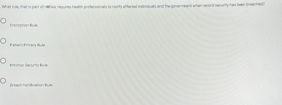 What rule, that is part of HIPAA; requires health professionals to notify affected individuals and the government when record security has been breached?
Encryption Rule
Patient Privacy Rule
Intrinsic Security Rule
Breach Notification Rule