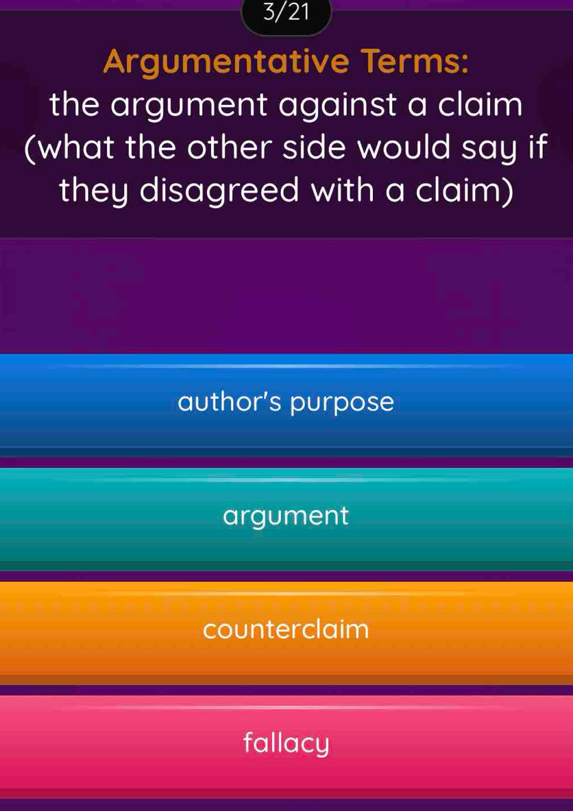 3/21
Argumentative Terms:
the argument against a claim
(what the other side would say if
they disagreed with a claim)
author’s purpose
argument
counterclaim
fallacy