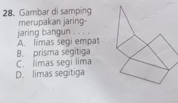 Gambar di samping
merupakan jaring-
jaring bangun . . . .
A. limas segi empat
B. prisma segitiga
C. limas segi lima
D. limas segitiga