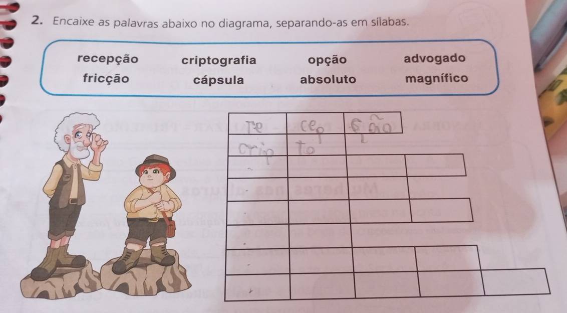 Encaixe as palavras abaixo no diagrama, separando-as em sílabas.
recepção criptografia opção advogado
fricção cápsula absoluto magnífico