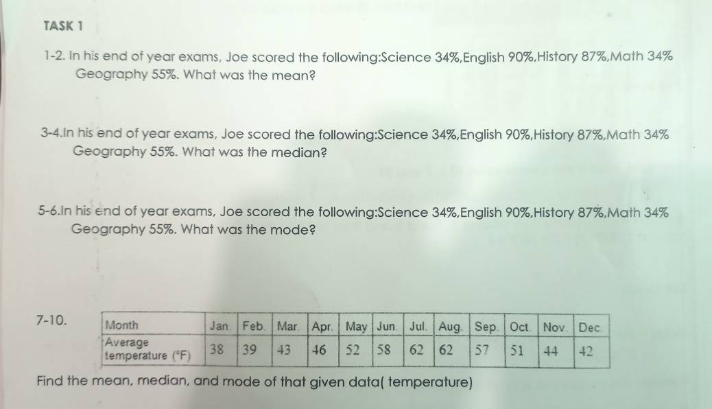 TASK 1 
1-2. In his end of year exams, Joe scored the following:Science 34%,English 90%,History 87%,Math 34%
Geography 55%. What was the mean? 
3-4.In his end of year exams, Joe scored the following:Science 34%,English 90%,History 87%,Math 34%
Geography 55%. What was the median? 
5-6.In his end of year exams, Joe scored the following:Science 34%,English 90%,History 87%,Math 34%
Geography 55%. What was the mode? 
7-1 
Find the mean, median, and mode of that given data( temperature)