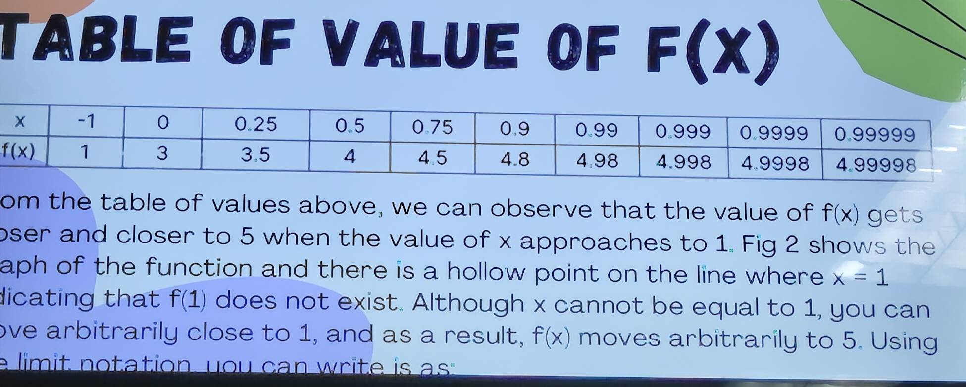 TABLE OF VALUE OF F(X)
om the table of values above, we can observe that the value of f(x) gets
oser and closer to 5 when the value of x approaches to 1. Fig 2 shows the
aph of the function and there is a hollow point on the line where . x=1
dicating that f(1) does not exist. Although x cannot be equal to 1, you can
ove arbitrarily close to 1, and as a result, f(x) moves arbitrarily to 5. Using
e limit notation. uou can write is as