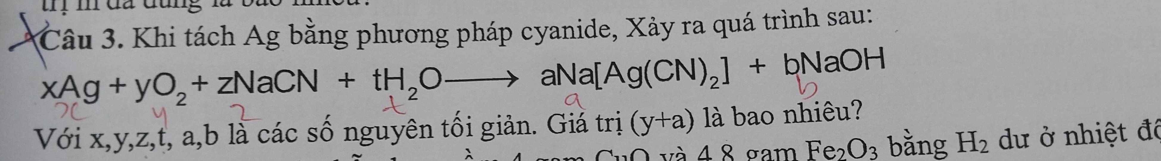 Khi tách Ag bằng phương pháp cyanide, Xảy ra quá trình sau:
xAg+yO_2+zNaCN+tH_2Oto aNa[Ag(CN)_2]+bNaOH
Với x, y, z, t, a, b là các số nguyên tối giản. Giá trị (y+a) là bao nhiêu? 
_ ∠ A8 σam Fe_2O_3 bằng H_2 dư ở nhiệt đô