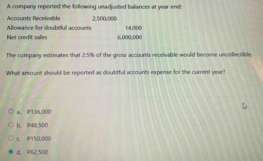 A company reported the following unadjusted balances at year -end:
Accounts Receivable 2,500,000
Allowance for doubtful accounts 14,000
Net credit sales 6,000,000
The company estimates that 2.5% of the gross accounts receivable would become uncollectible.
What amount should be reported as doubtful accounts expense for the current year?
a. P136,000
b. P48,500
c. P150,000
d. P62,500