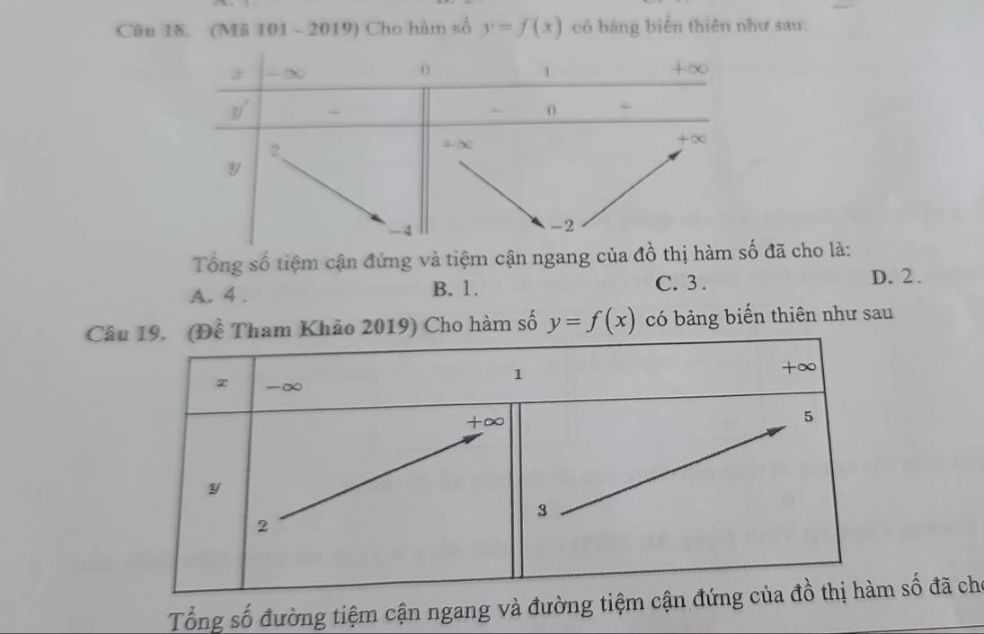 (Mã 101 - 2019) Cho hàm số y=f(x) có bảng biến thiên như sau:
Tổng số tiệm cận đứng và tiệm cận ngang của đồ thị hã cho là:
A. 4 . B. 1. C. 3 .
D. 2.
Câ 2019) Cho hàm số y=f(x) có bảng biến thiên như sau
Tổng số đường tiệm cận ngang và đường tiệ số đã cho