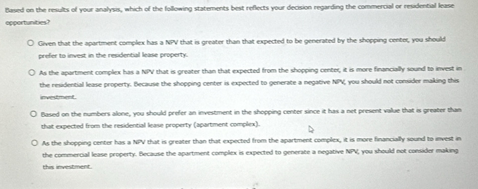 Based on the results of your analysis, which of the following statements best reflects your decision regarding the commercial or residential lease
opportunities?
Given that the apartment complex has a NPV that is greater than that expected to be generated by the shopping center, you should
prefer to invest in the residential lease property.
As the apartment complex has a NPV that is greater than that expected from the shopping center, it is more financially sound to invest in
the residential lease property. Because the shopping center is expected to generate a negative NPV, you should not consider making this
investment.
Based on the numbers alone, you should prefer an investment in the shopping center since it has a net present value that is greater than
that expected from the residential lease property (apartment complex).
As the shopping center has a NPV that is greater than that expected from the apartment complex, it is more financially sound to invest in
the commerciall lease property. Because the apartment complex is expected to generate a negative NPV, you should not consider making
this investment.