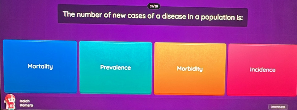 The number of new cases of a disease in a population is:
Mortality Prevalence Morbidity Incidence
Isaiah Downloads
Romero