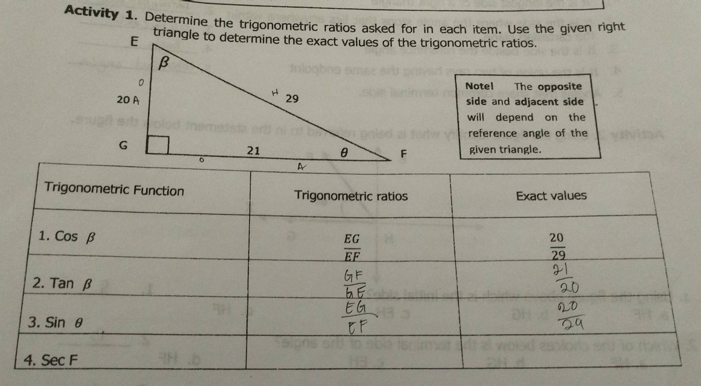 Activity 1. Determine the trigonometric ratios asked for in each item. Use the given right
Notel The opposite
side and adjacent side
will depend on the
reference angle of the
given triangle.