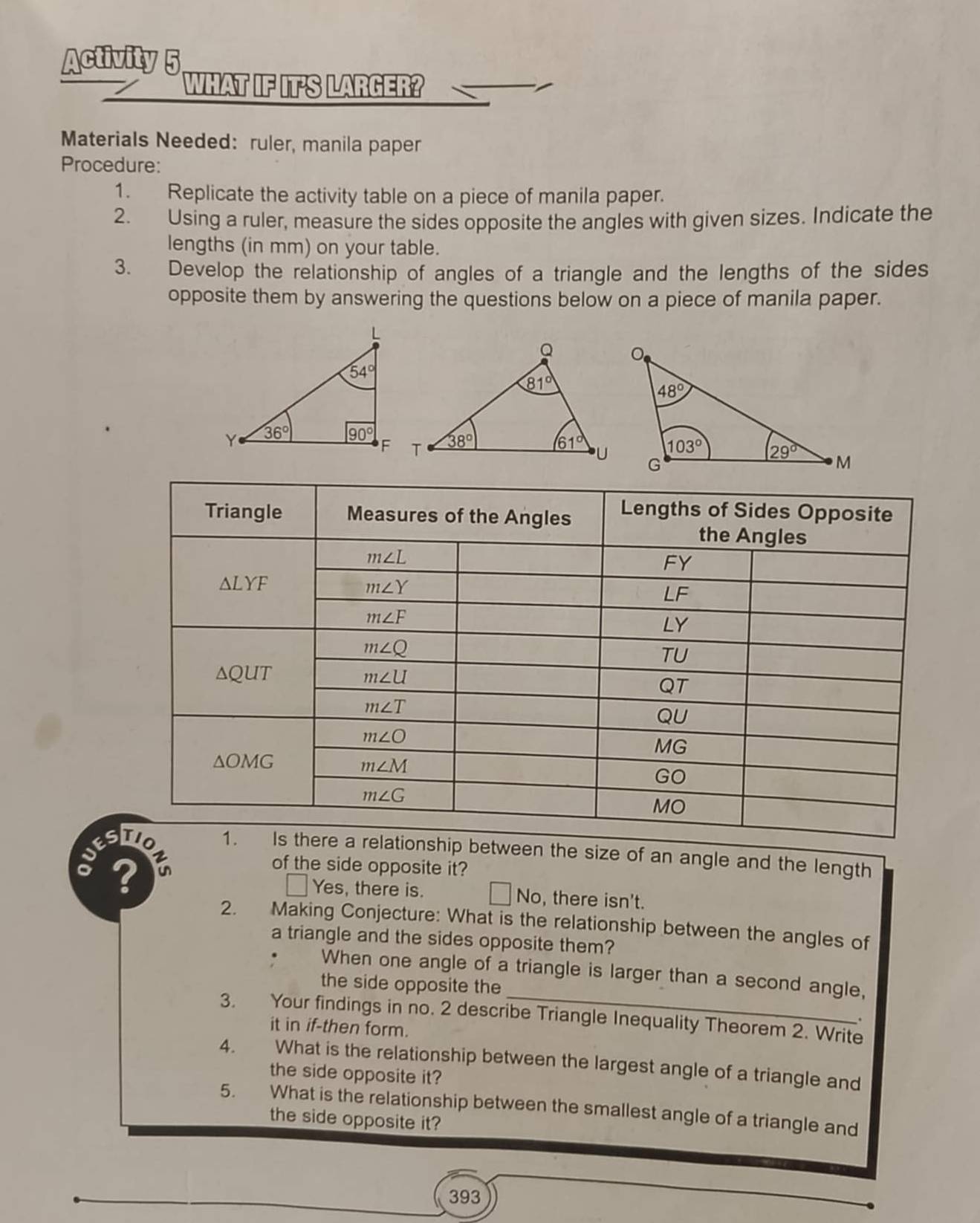 Activity 5
WHAT IF IT'S LARGER?
Materials Needed: ruler, manila paper
Procedure:
1. Replicate the activity table on a piece of manila paper.
2. Using a ruler, measure the sides opposite the angles with given sizes. Indicate the
lengths (in mm) on your table.
3. Develop the relationship of angles of a triangle and the lengths of the sides
opposite them by answering the questions below on a piece of manila paper.
elationship between the size of an angle and the length
of the side opposite it?
? , there isn't.
□Yes, there is. | N o
2. Making Conjecture: What is the relationship between the angles of
a triangle and the sides opposite them?
. When one angle of a triangle is larger than a second angle,
the side opposite the
3. Your findings in no. 2 describe Triangle Inequality Theorem 2. Write
.
it in if-then form.
4. What is the relationship between the largest angle of a triangle and
the side opposite it?
5. What is the relationship between the smallest angle of a triangle and
the side opposite it?
393