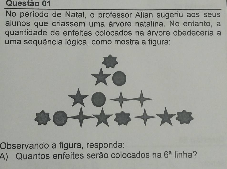 No período de Natal, o professor Allan sugeriu aos seus 
alunos que criassem uma árvore natalina. No entanto, a 
quantidade de enfeites colocados na árvore obedeceria a 
uma sequência lógica, como mostra a figura: 
Observando a figura, responda: 
A) Quantos enfeites serão colocados na 6^a linha?