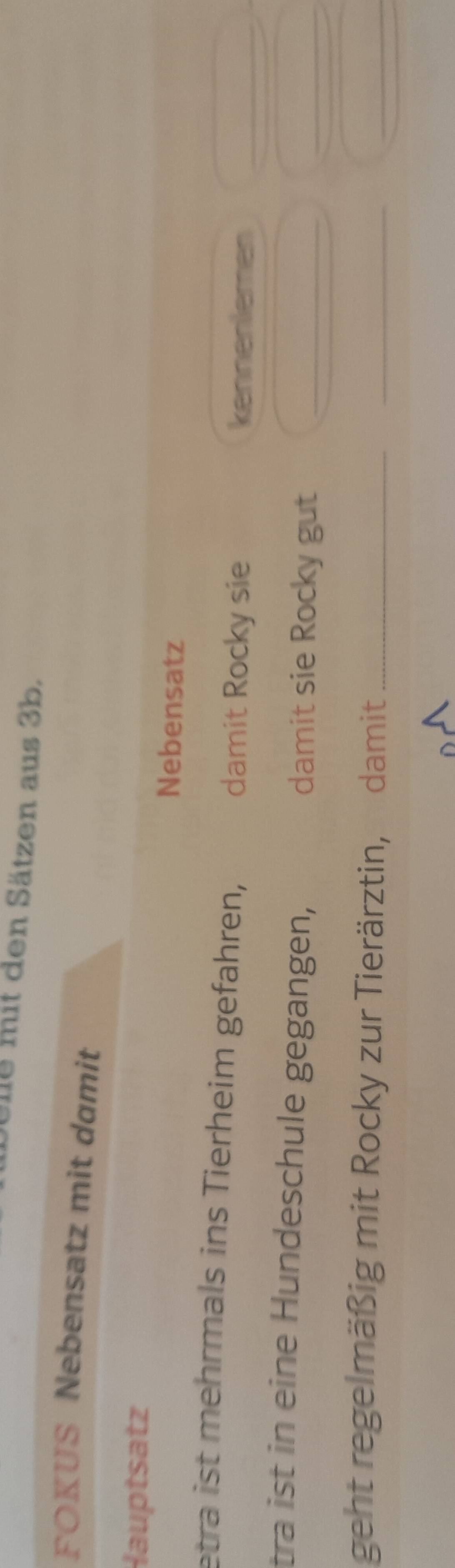 eile mit den Sätzen aus 3b. 
FOKUS Nebensatz mit damit 
Hauptsatz 
Nebensatz 
etra ist mehrmals ins Tierheim gefahren, damit Rocky sie 
kennenlemen_ 
tra ist in eine Hundeschule gegangen, 
damit sie Rocky gut_ 
_ 
geht regelmäßig mit Rocky zur Tierärztin, damit_ 
__