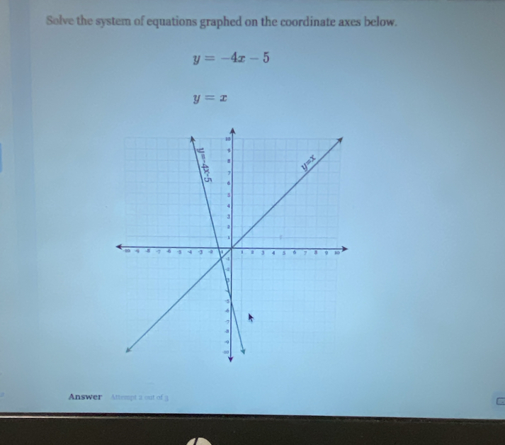 Solve the system of equations graphed on the coordinate axes below.
y=-4x-5
y=x
Answer   Attempt 2 out of 3