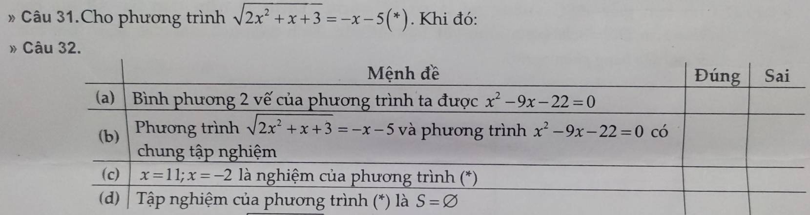 » Câu 31.Cho phương trình sqrt(2x^2+x+3)=-x-5(*). Khi đó:
» Câu 32.