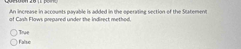 An increase in accounts payable is added in the operating section of the Statement
of Cash Flows prepared under the indirect method.
True
False