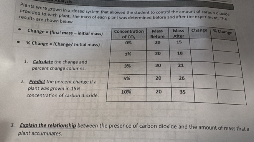 a Analysis
Plants were grown in a closed system that allowed the student to control the amount of carbon dioxide
provided to each plant. The mass of each plant was determined before and after the experiment. The
results are shown below.
Change = (final mass - initial ma
% Change = (Change/ Initial mass
1. Calculate the change and
percent change columns.
2. Predict the percent change if a
plant was grown in 15%
concentration of carbon dioxide
3. Explain the relationship between the presence of carbon dioxide and the amount of mass that a
plant accumulates.