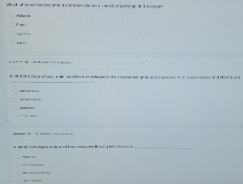 Which of these has become a common site for disposal of garbage and sewage?
Wetlands
Rivers
Swamps
Lakes
Question 14 3= Multicle Chaïce Question
A land structure whose main function is to safeguard the coastal wetlands and mainland from ocean waves and storms are
_
salt marshes
barrier is lands
estuaries
coral reefs
Question 15 3= Multiple Chaïce Questia=
Mineral-rich deposits formed from estuaries flowing into rivers are_
wetlands
banthic zones
mangrove swamps
salt marshes