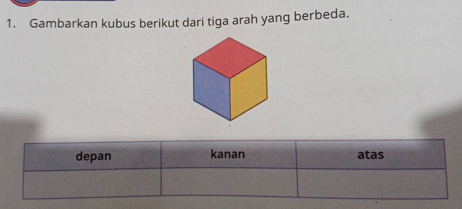 Gambarkan kubus berikut dari tiga arah yang berbeda.