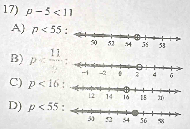 p-5<11</tex>
A) p<55</tex> :
B) P
C) p<16</tex> :
D) p<55</tex> :