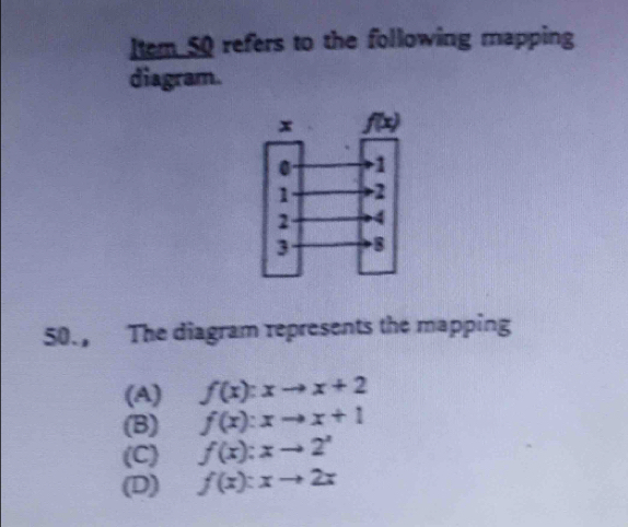 ltem 50 refers to the following mapping
diagram.
50. The diagram represents the mapping
(A) f(x):xto x+2
(B) f(x):xto x+1
(C) f(x):xto 2^x
(D) f(x):xto 2x