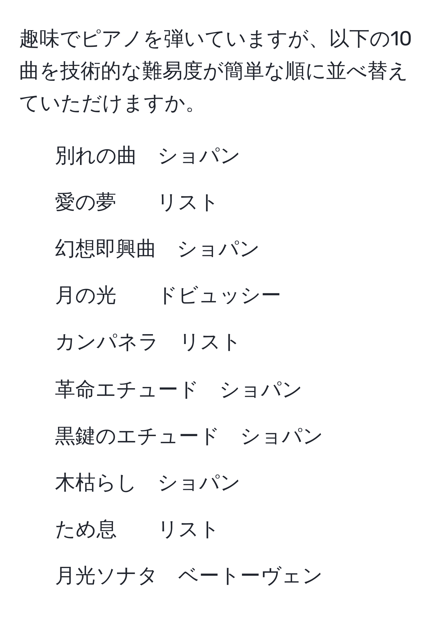 趣味でピアノを弾いていますが、以下の10曲を技術的な難易度が簡単な順に並べ替えていただけますか。  
1. 別れの曲　ショパン  
2. 愛の夢　　リスト  
3. 幻想即興曲　ショパン  
4. 月の光　　ドビュッシー  
5. カンパネラ　リスト  
6. 革命エチュード　ショパン  
7. 黒鍵のエチュード　ショパン  
8. 木枯らし　ショパン  
9. ため息　　リスト  
10. 月光ソナタ　ベートーヴェン