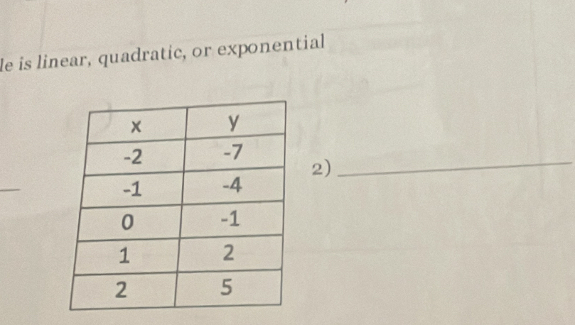 le is linear, quadratic, or exponential 
_ 
2) 
_