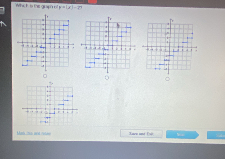 Which is the graph of y=[x]-2 ? 

Mark this and return Save and Exit Neos Sube