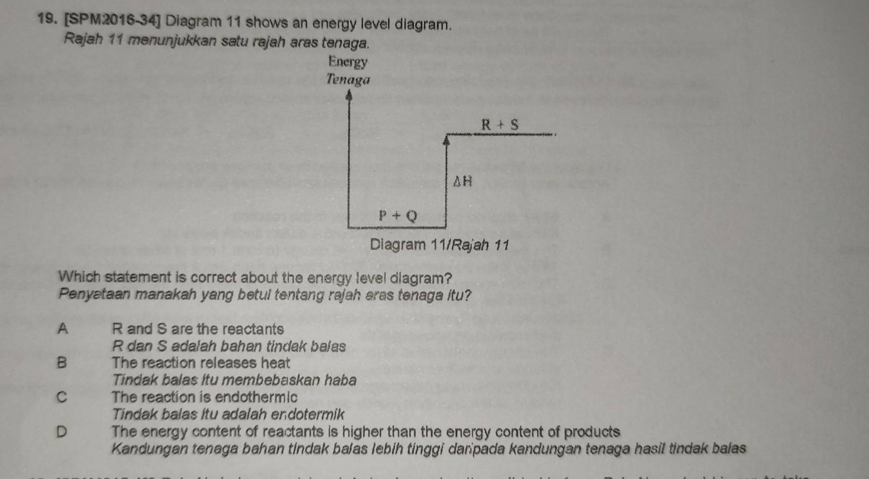 [SPM2016-34] Diagram 11 shows an energy level diagram.
Rajah 11 menunjukkan satu rajah aras tenaga.
Energy
Tenaga
R+S
AH
P+Q
Diagram 11/Rajah 11
Which statement is correct about the energy leve! diagram?
Penyataan manakah yang betul tentang rajah aras tenaga itu?
A R and S are the reactants
R dan S adalah bahan tindak balas
B The reaction releases heat
Tindak balas itu membebaskan haba
C The reaction is endothermic
Tindak balas itu adalah endotermik
D The energy content of reactants is higher than the energy content of products
Kandungan tenaga bahan tindak balas lebih tinggi darpada kandungan tenaga hasil tindak balas