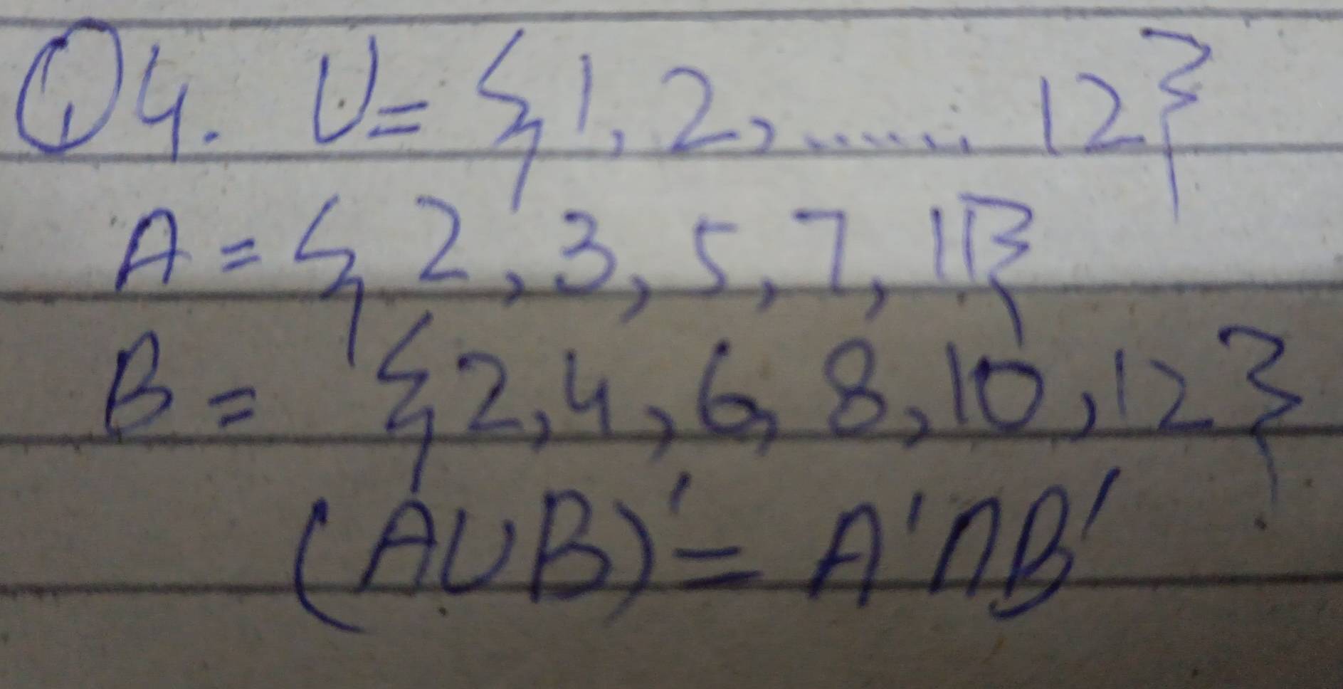 U= 1,2,·s ·s 12
A= 2,3,5,7,11
1
B= 2,4,6,8,10,12
(A∪ B)'=A'∩ B' -frac sqrt(-2)2