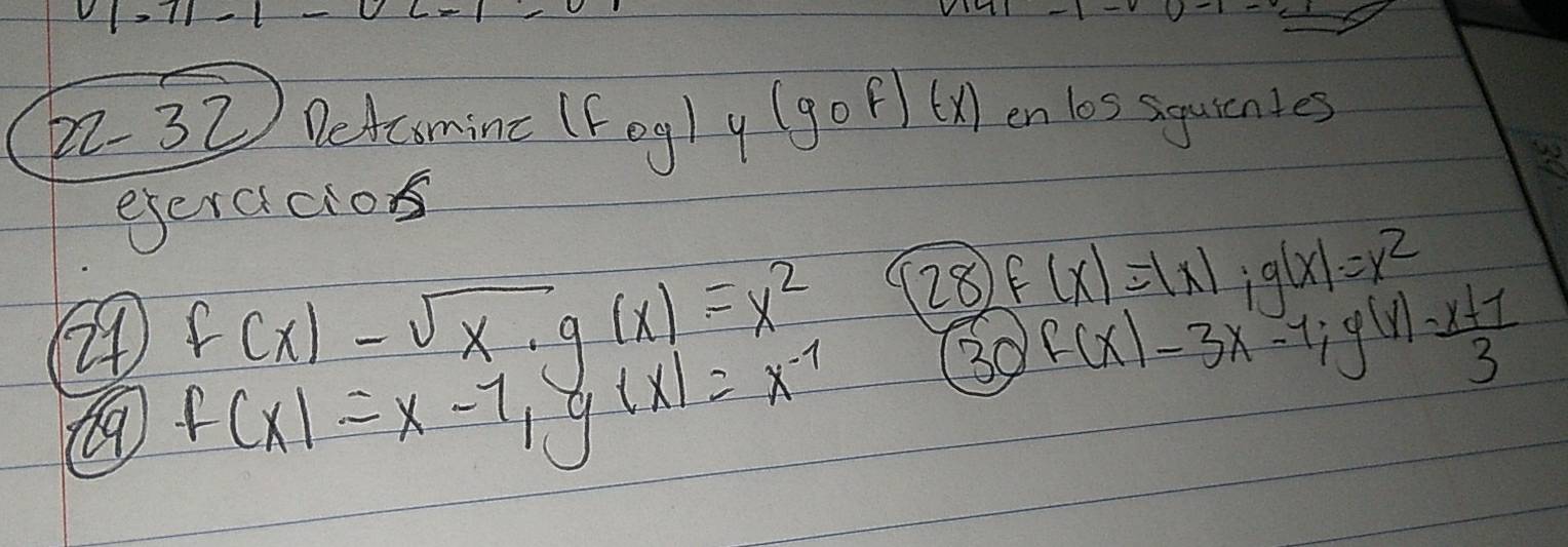 22-32 DeAcsmine (Fogly (gof)(x) en los siquicntes 
eseracios
f(x)-sqrt(x)· g(x)=x^2 28 f(x)=|x| ig(x)=x^2
t9 f(x)=x-1, g(x)=x^(-1)
30 f(x)-3x-1; g(x)= (x+1)/3 