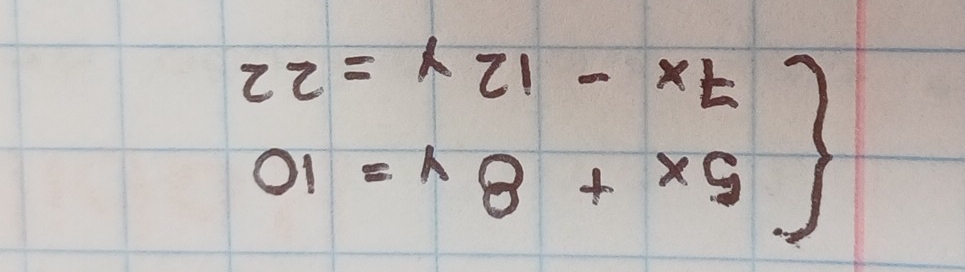 beginarrayl 5x+8y=10 7x-12y=22endarray.