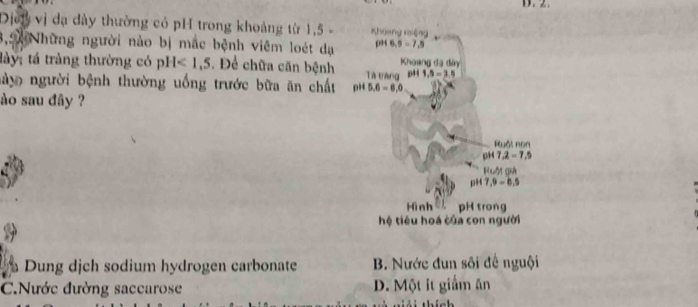 Dịời vị đạ đây thường có pH trong khoảng từ 1,5 - 
3,20 Những người nào bị mắc bệnh viêm loét đạ
lày, tả tràng thường có pH<1,5. Để chữa căn bệnh
này người bệnh thường uống trước bữa ăn chất 
ào sau đây ?
Dung dịch sodium hydrogen carbonate B. Nước đun sôi đề nguội
C.Nước đường saccurose D. Một it giảm ăn