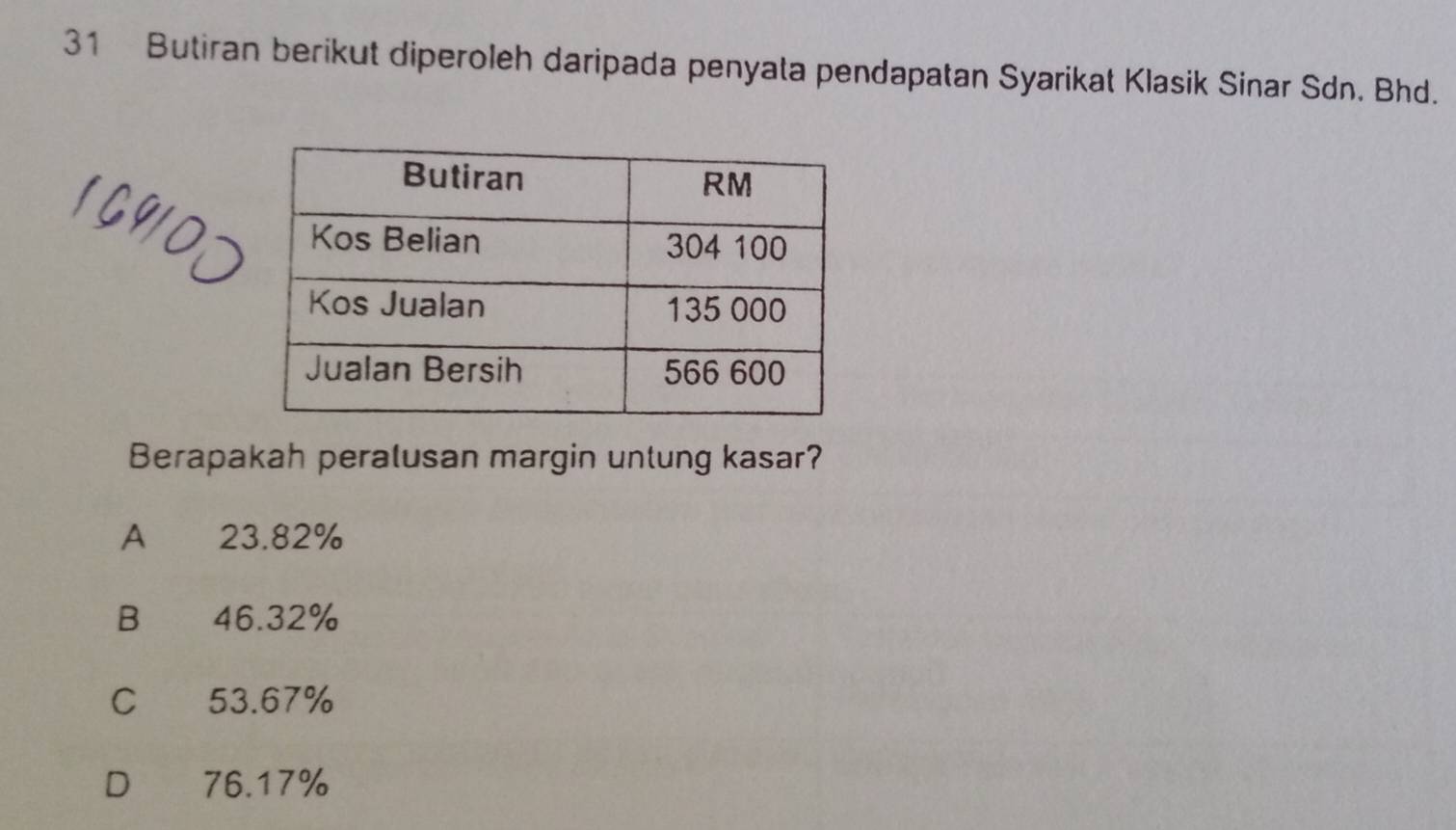 Butiran berikut diperoleh daripada penyata pendapatan Syarikat Klasik Sinar Sdn. Bhd.
Berapakah peralusan margin unlung kasar?
A 23.82%
B 46.32%
C 53.67%
D 76.17%