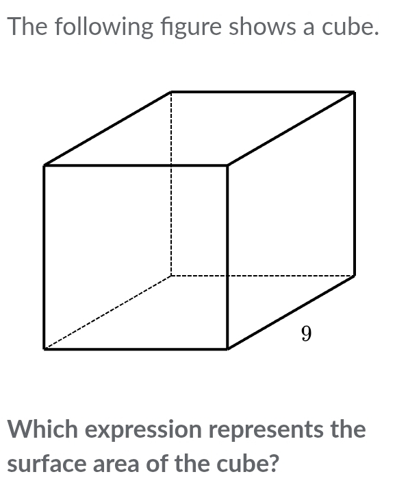 The following figure shows a cube. 
Which expression represents the 
surface area of the cube?